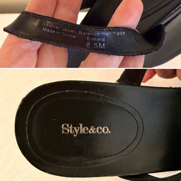 Style and Co Womens Sandals Size 8 half Elmara Black Leather Wedge Shoes - Picture 6 of 8